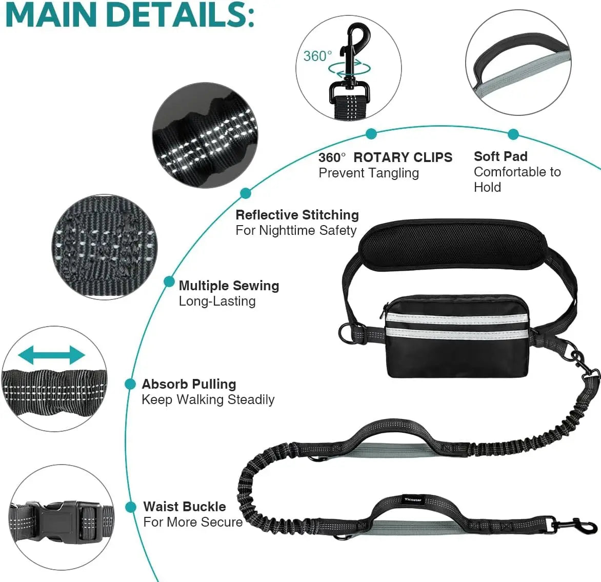Hands-Free Dog Leash with Zipper Pouch